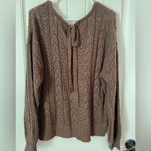 Pointelle brown sweater with tie back neck Fall must
